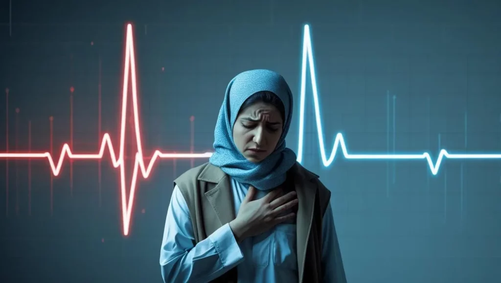 زنی که دست روی قلب خود گذاشته و دچار تپش قلب شده است – تصویر مرتبط با مقاله علت تپش قلب